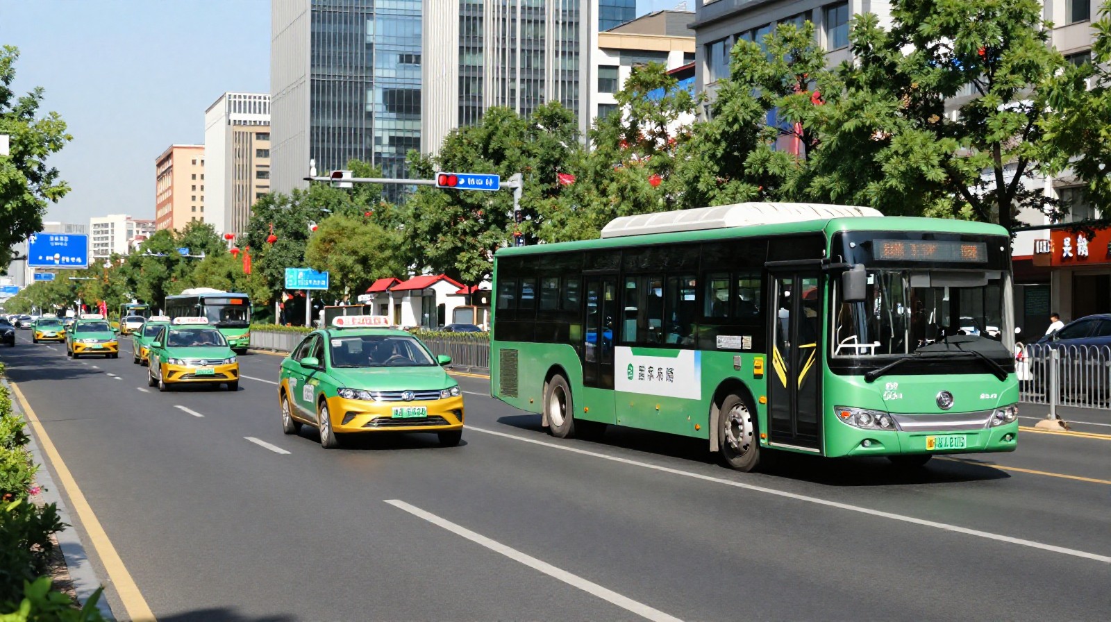 A fleet of electric taxis and buses driving on a modern Chinese city street with clean air