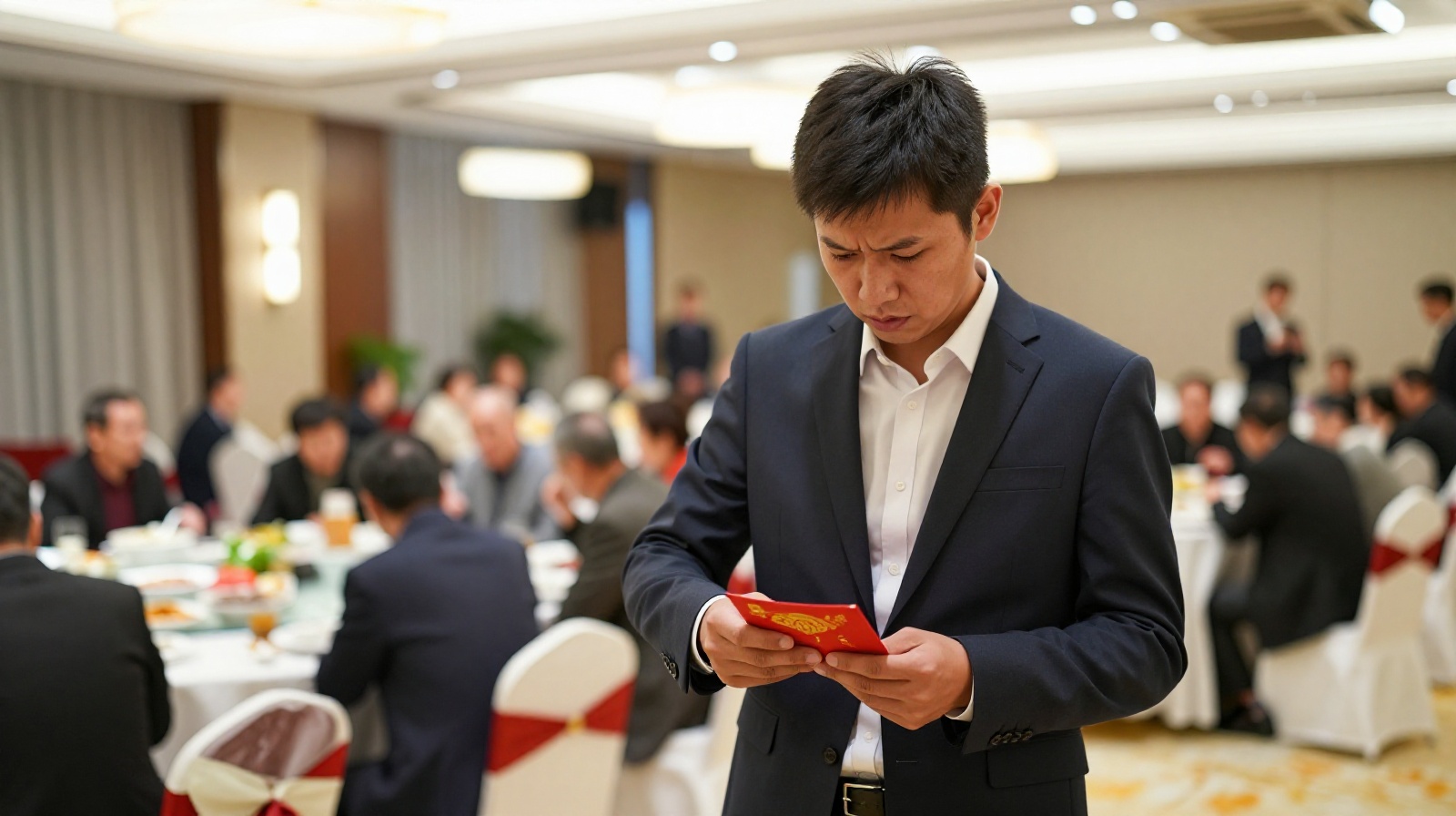 Young guest at a Chinese wedding reception holding a red envelope (Hongbao) with a thoughtful expression, surrounded by banquet tables