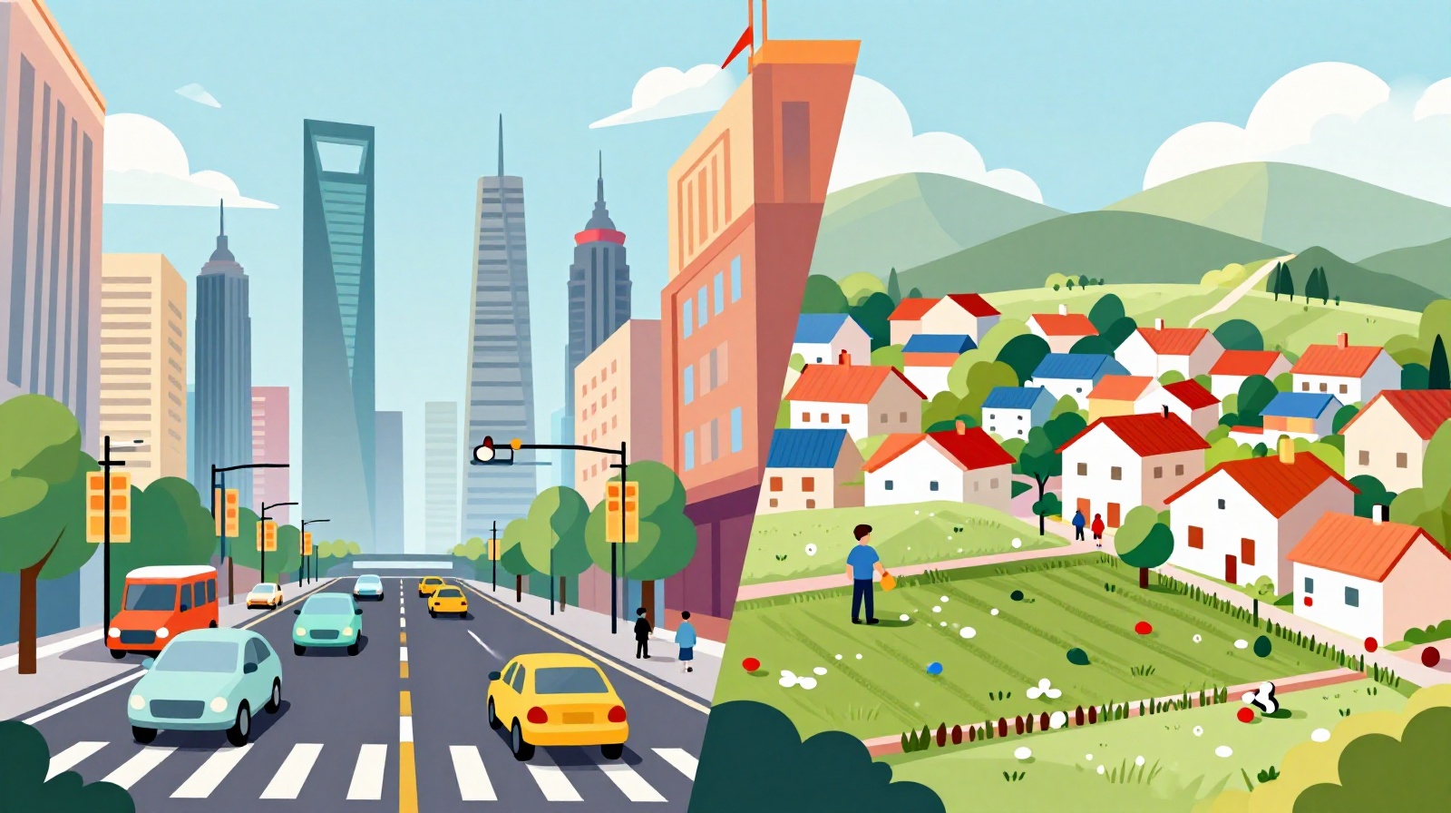 Visual comparison of urban Chinese city life versus rural settings to explain regional price differences for wedding gifts