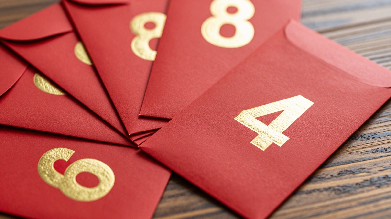 Close-up of red wedding envelopes showing lucky numbers like 8 and 6 versus unlucky number 4