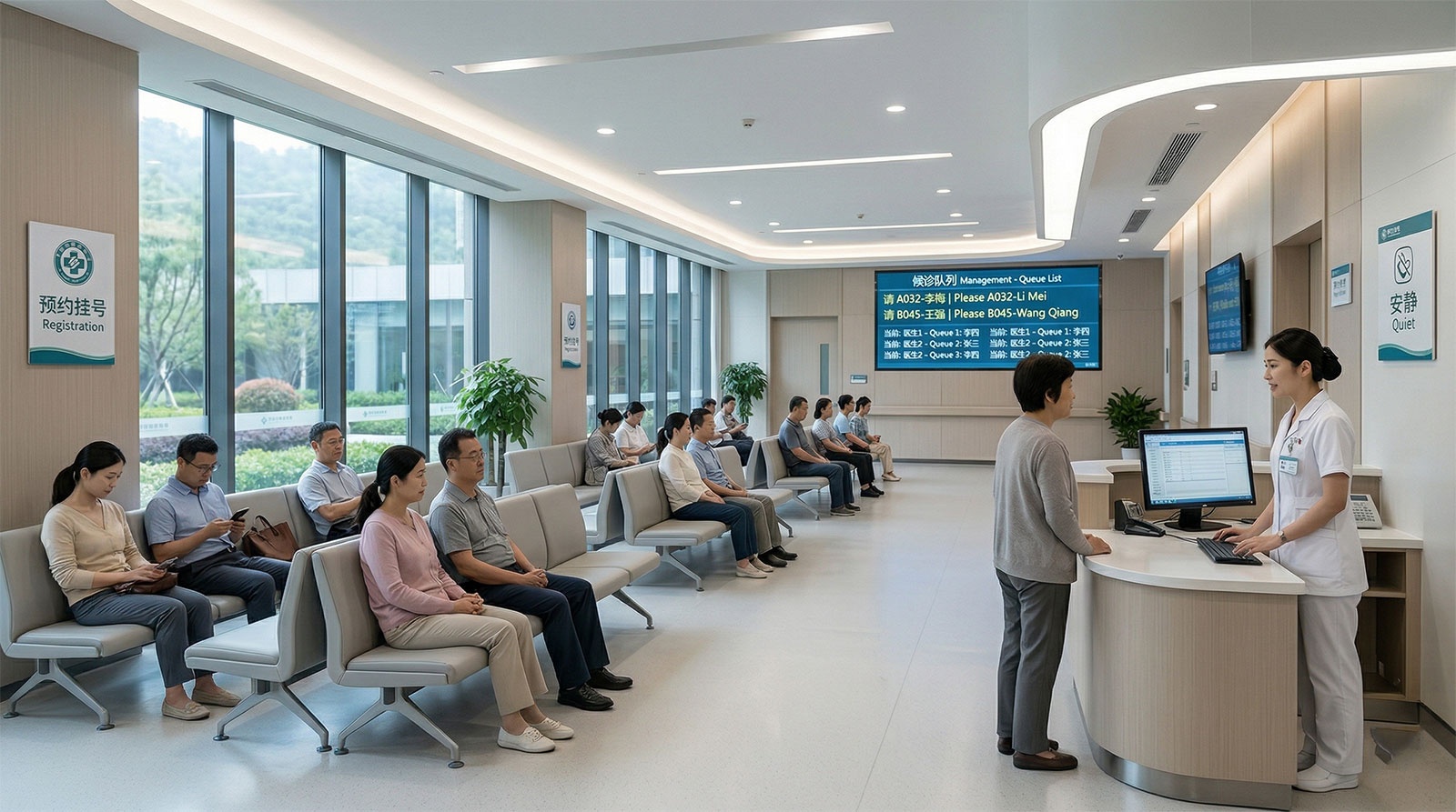 Organized waiting room in a Chinese hospital with digital queue display and calm patient environment