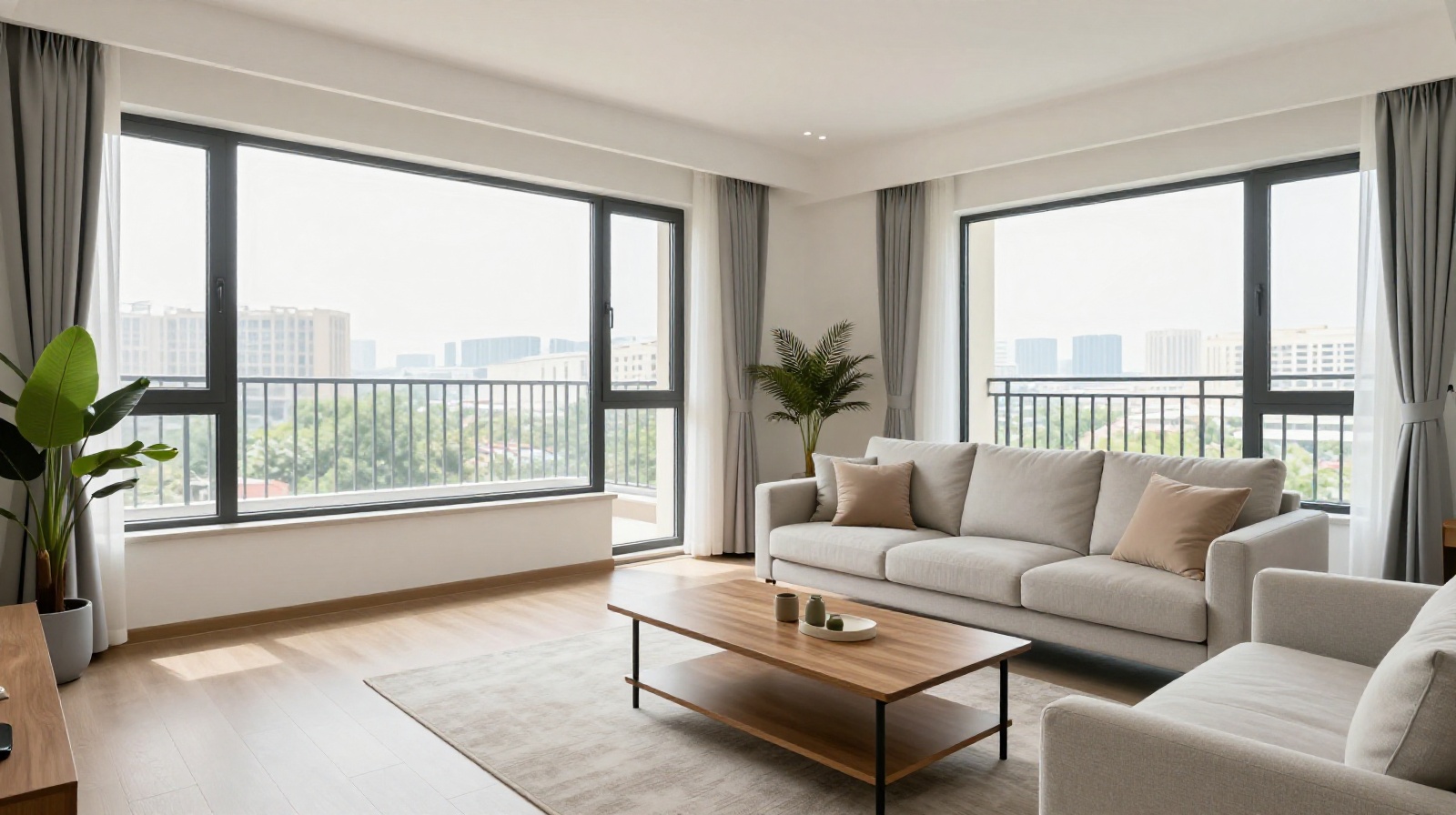 A bright and modern living room inside a fully furnished rental apartment in Shanghai, featuring contemporary furniture and large windows overlooking the city.