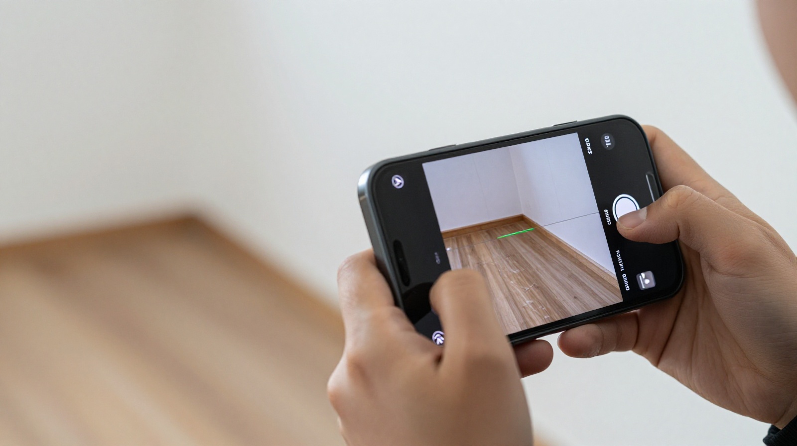 A renter taking timestamped photos of existing scratches on the floor with a smartphone during an apartment inspection.