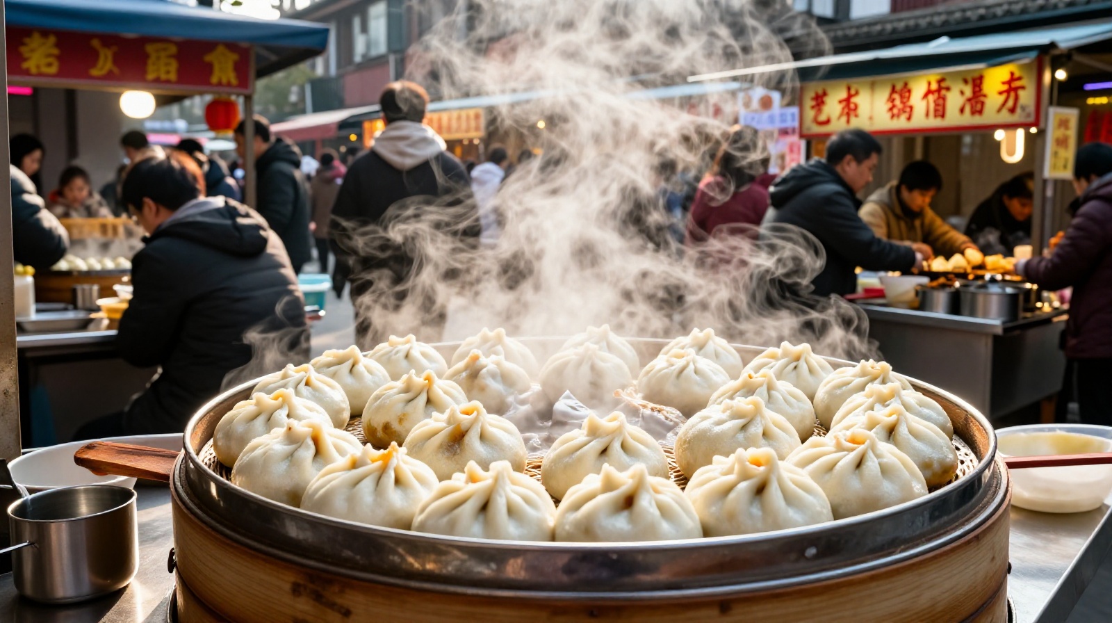 A young woman buying breakfast baozi at a street stall in Chengdu