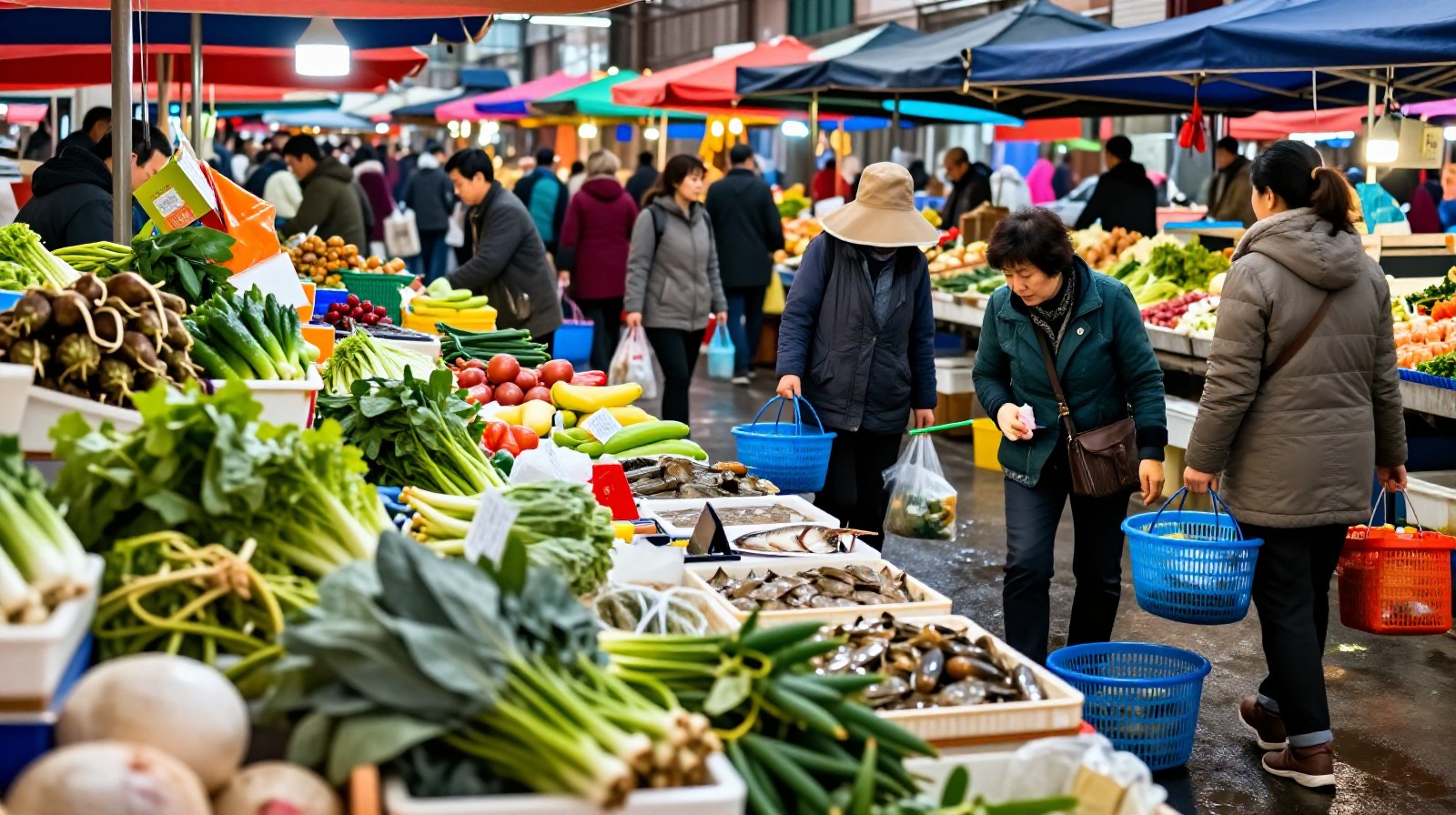 Fresh produce and seafood at a traditional wet market in China