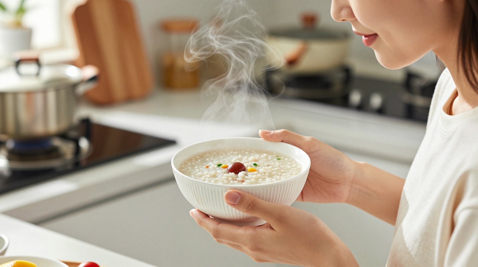 A young Chinese woman cooking porridge for her parents in a modern home kitchen
