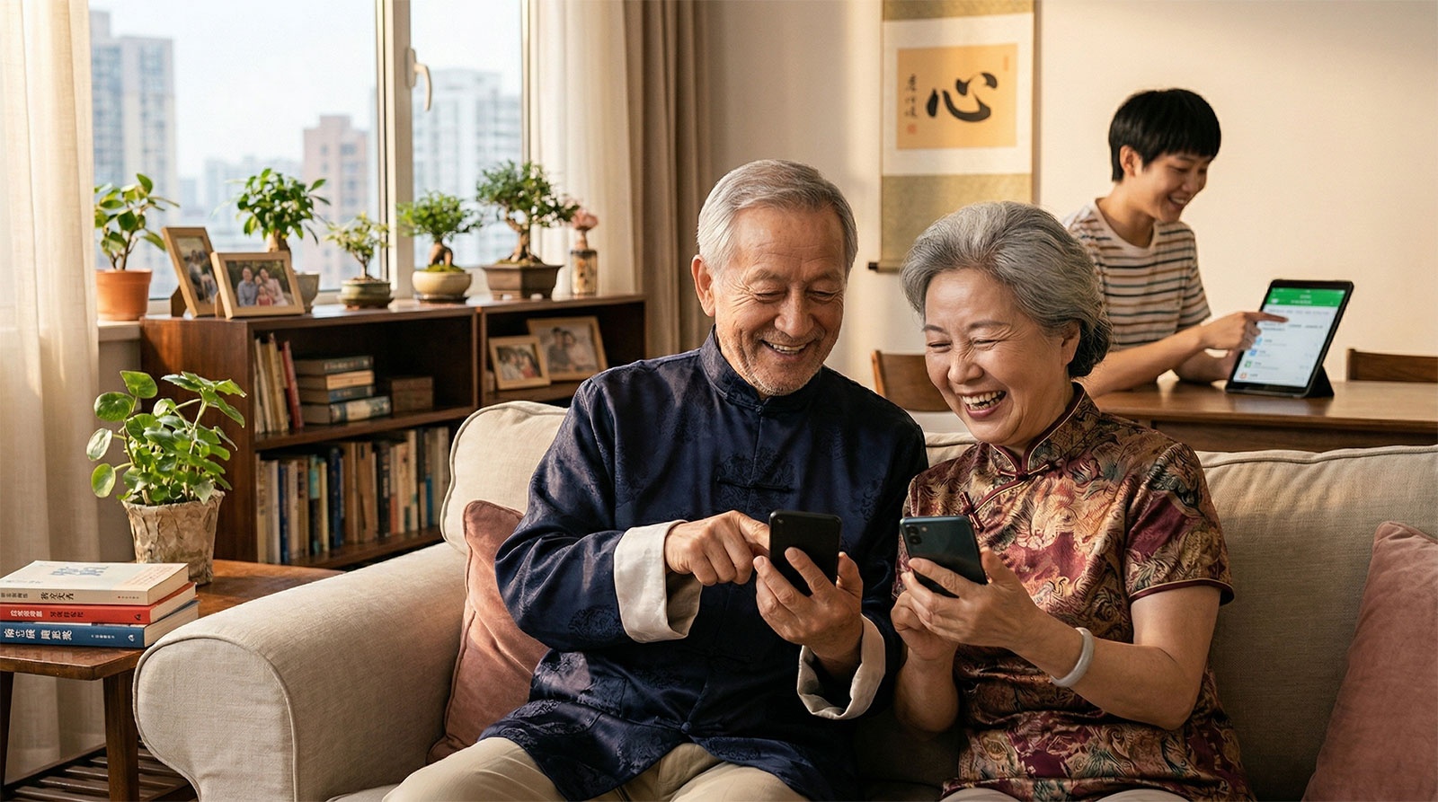 Elderly Chinese parents learning how to use smartphones with help from their adult child