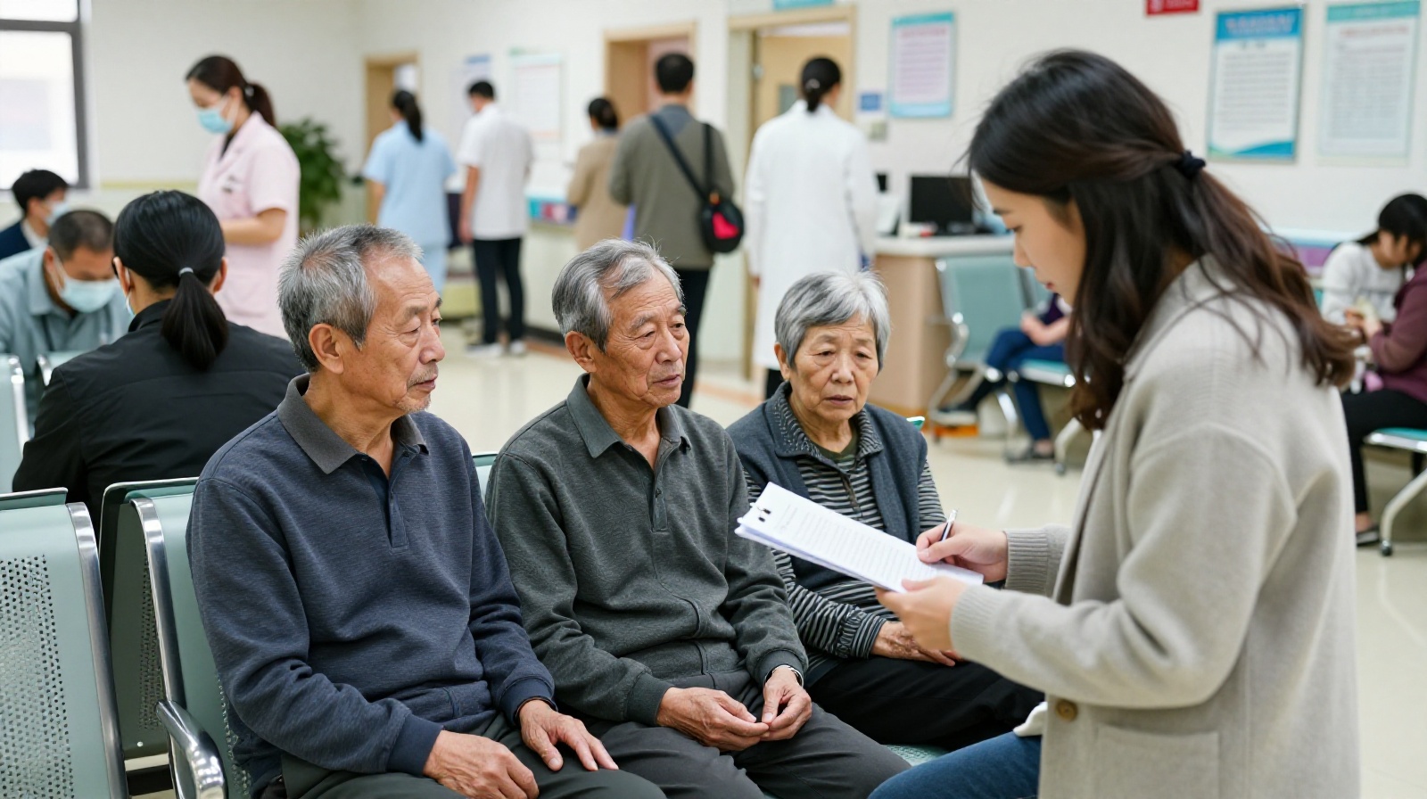 A young woman accompanying her elderly parents at a Chinese hospital for a check-up