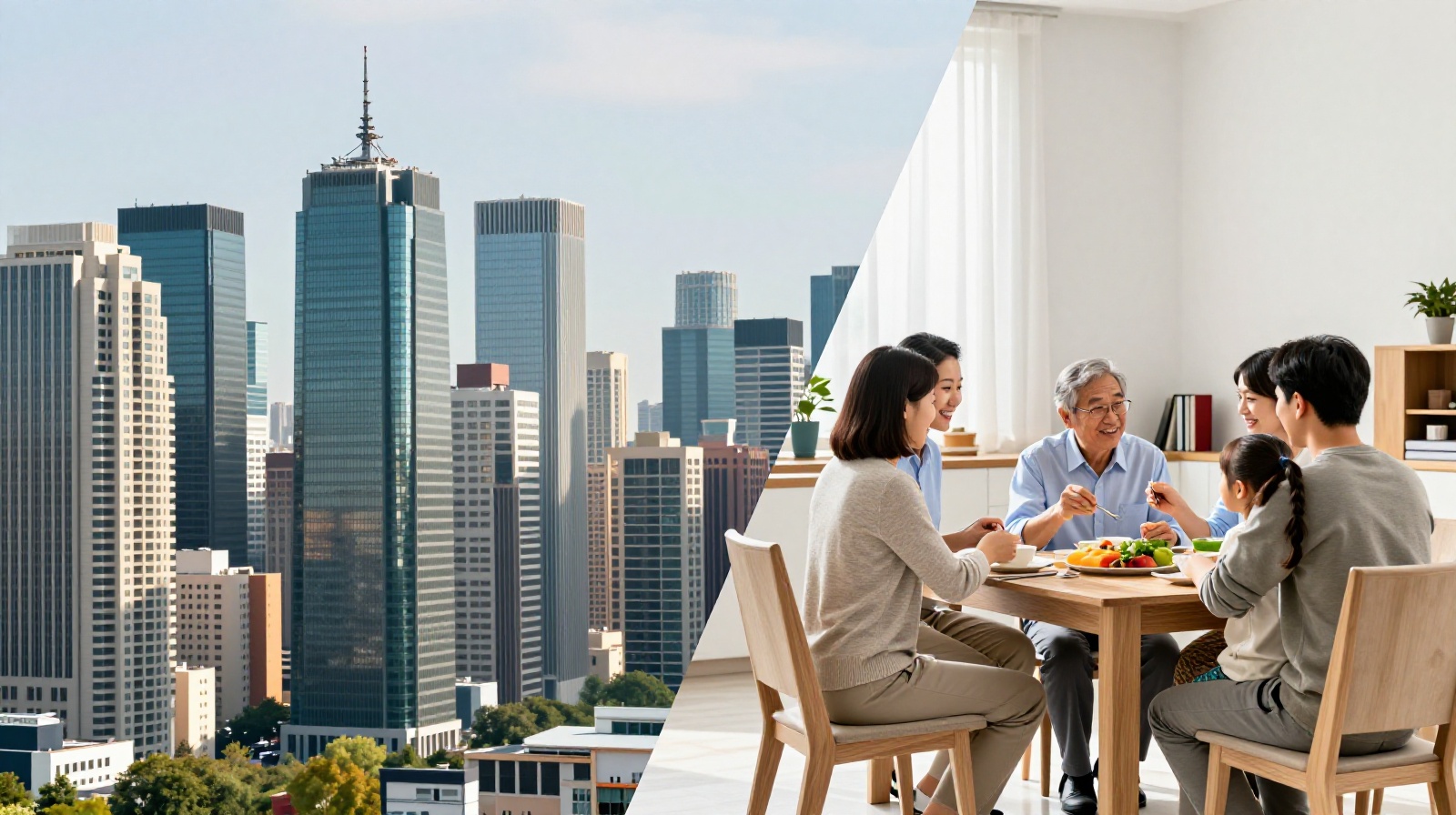 Visual contrast between a busy Chinese city skyline and a warm family dinner scene