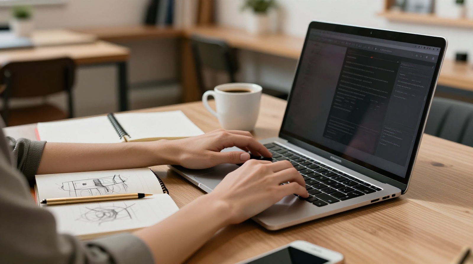 Hands working on a laptop with design sketches in a cozy Shanghai home office setting