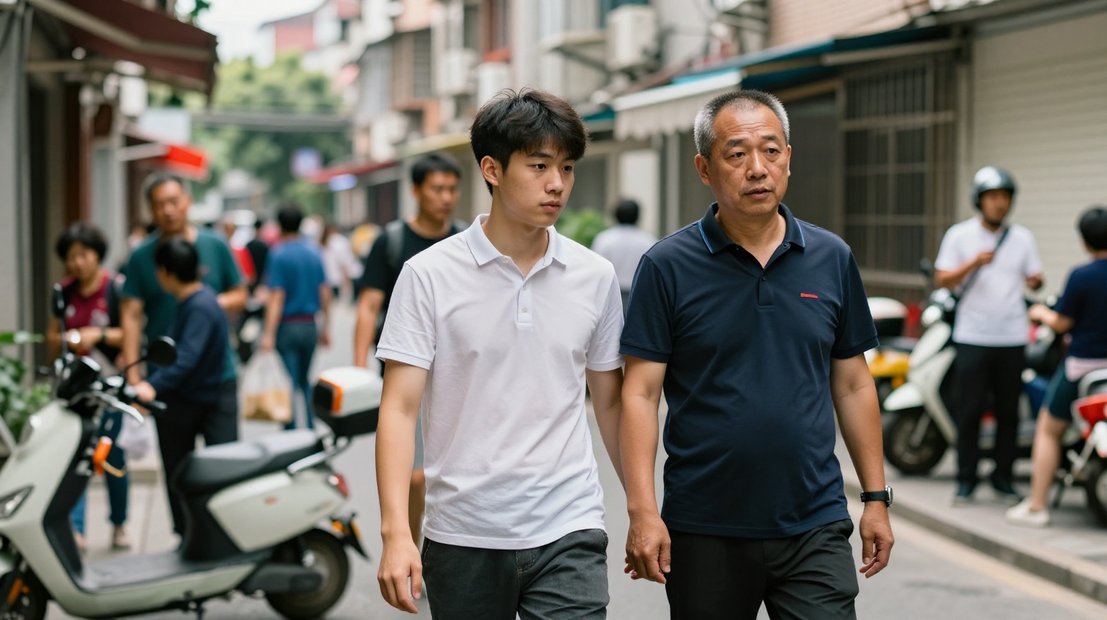 An intergenerational family moment on a quiet street in Shanghai, showing parents and children together