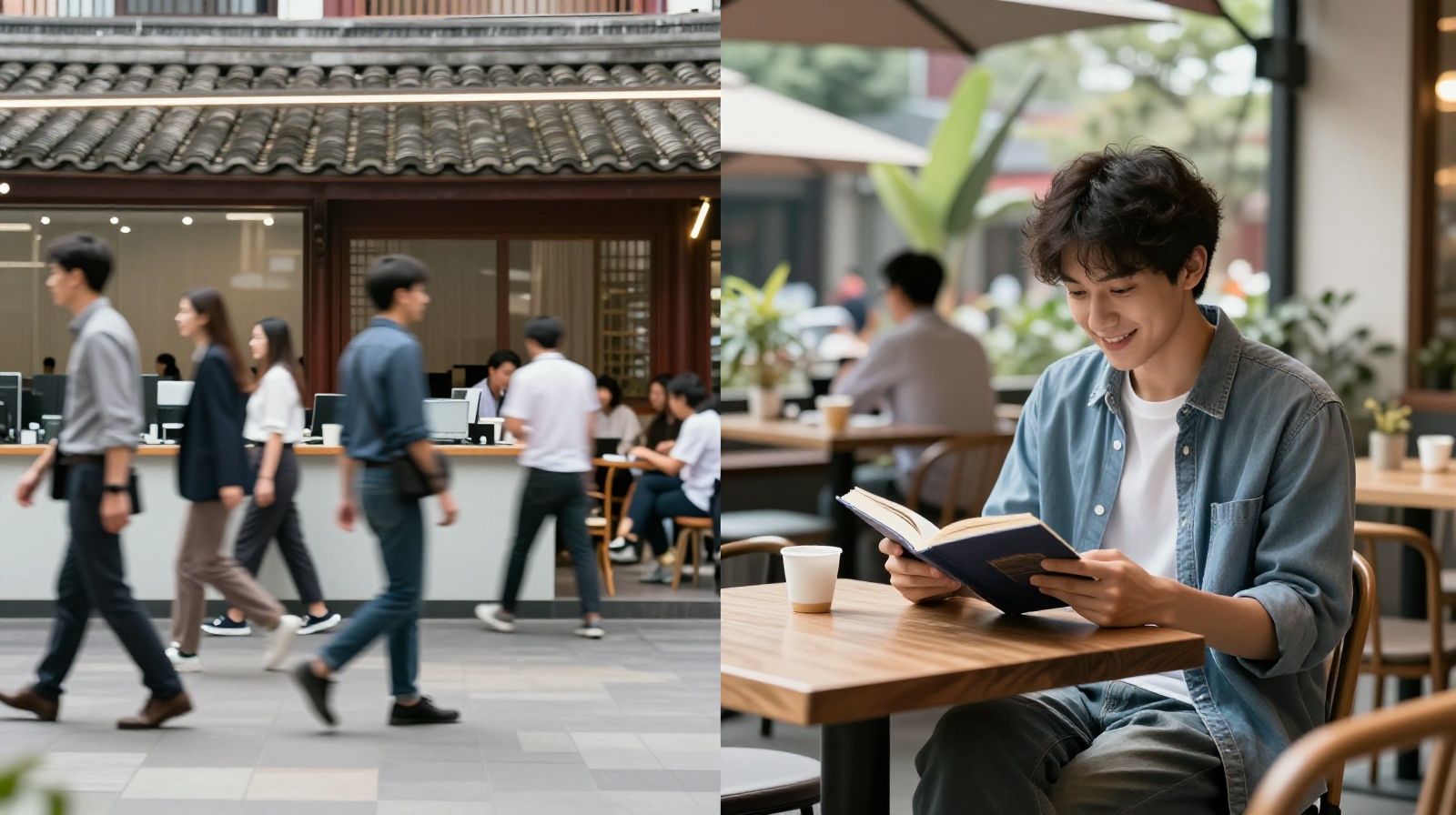 Contrast between a stressed corporate office environment and a relaxed modern lifestyle in Shanghai