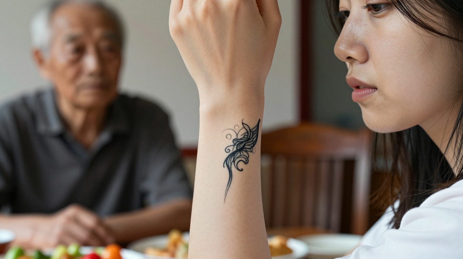 A close-up view of a young Chinese woman displaying a detailed black ink tattoo on her wrist while her parents look on with concern at a dining table in a home setting.