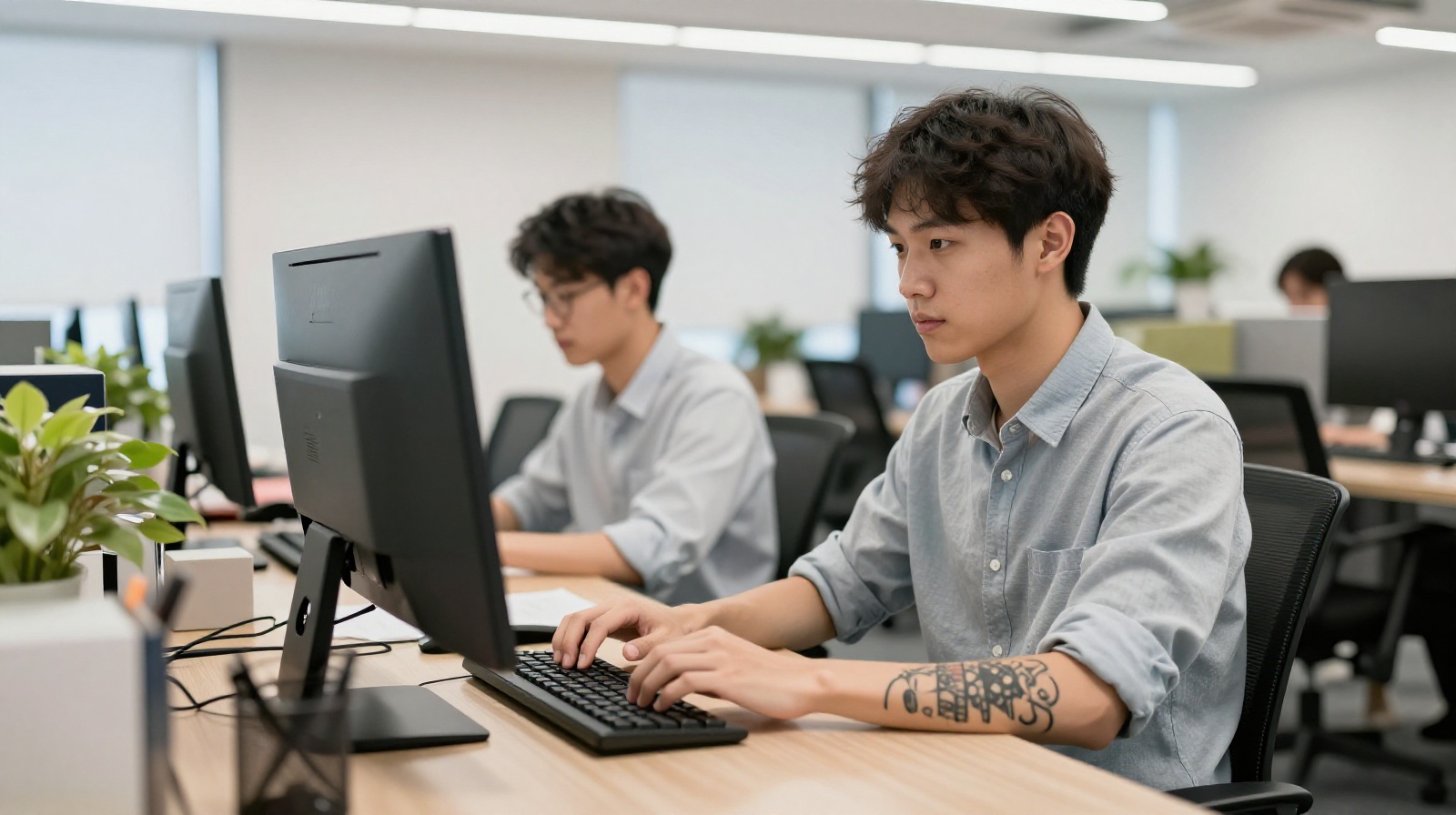 Young professionals working in a modern Chinese tech office, showcasing the common presence of tattoos among younger generations in the workplace.