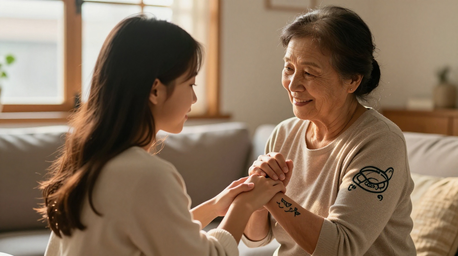 A heartwarming moment of an older Chinese mother gently touching her child's tattooed arm, symbolizing acceptance and understanding between generations.