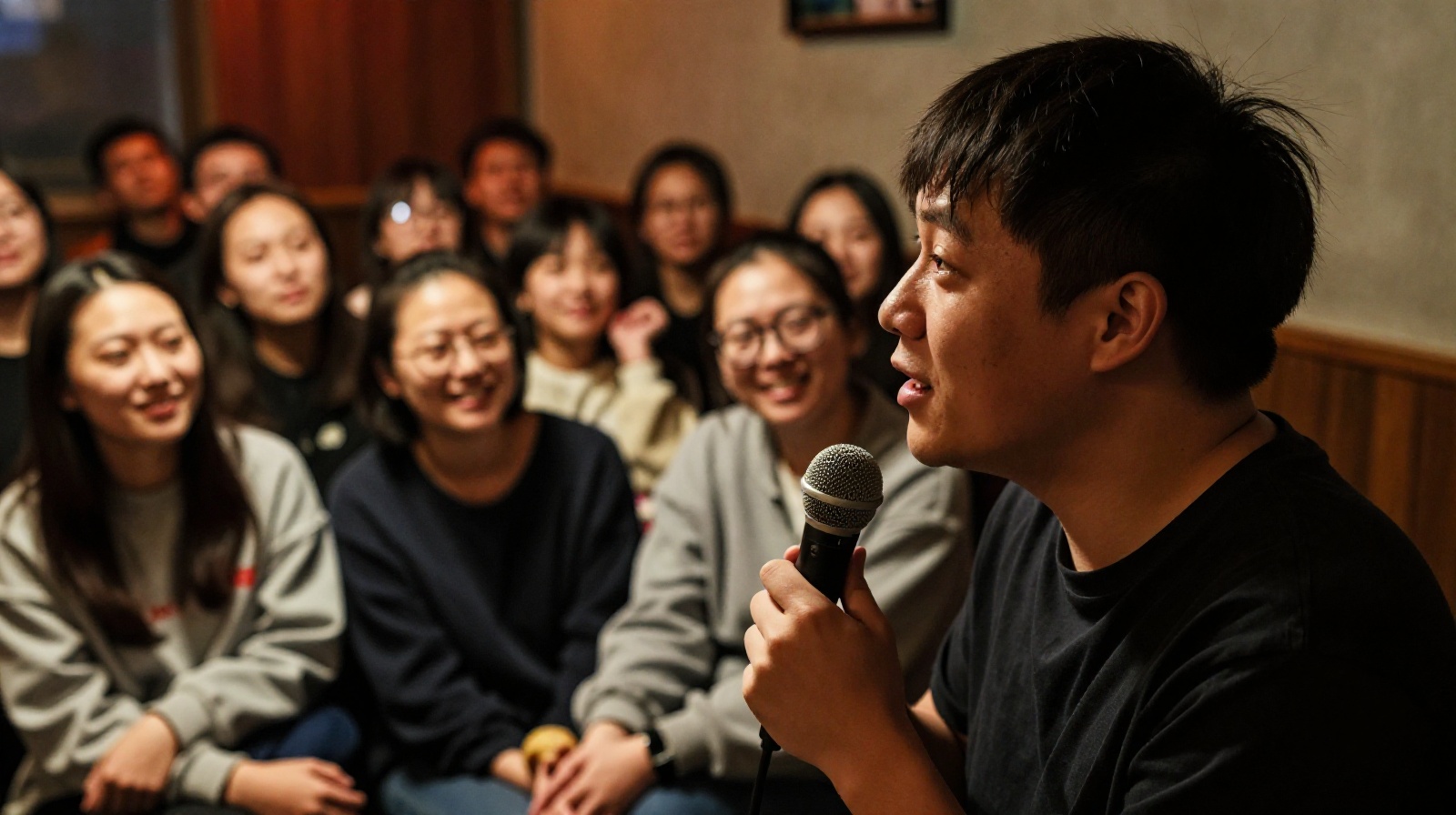 Young Chinese comedian performing stand-up in a small Beijing club with an engaged audience