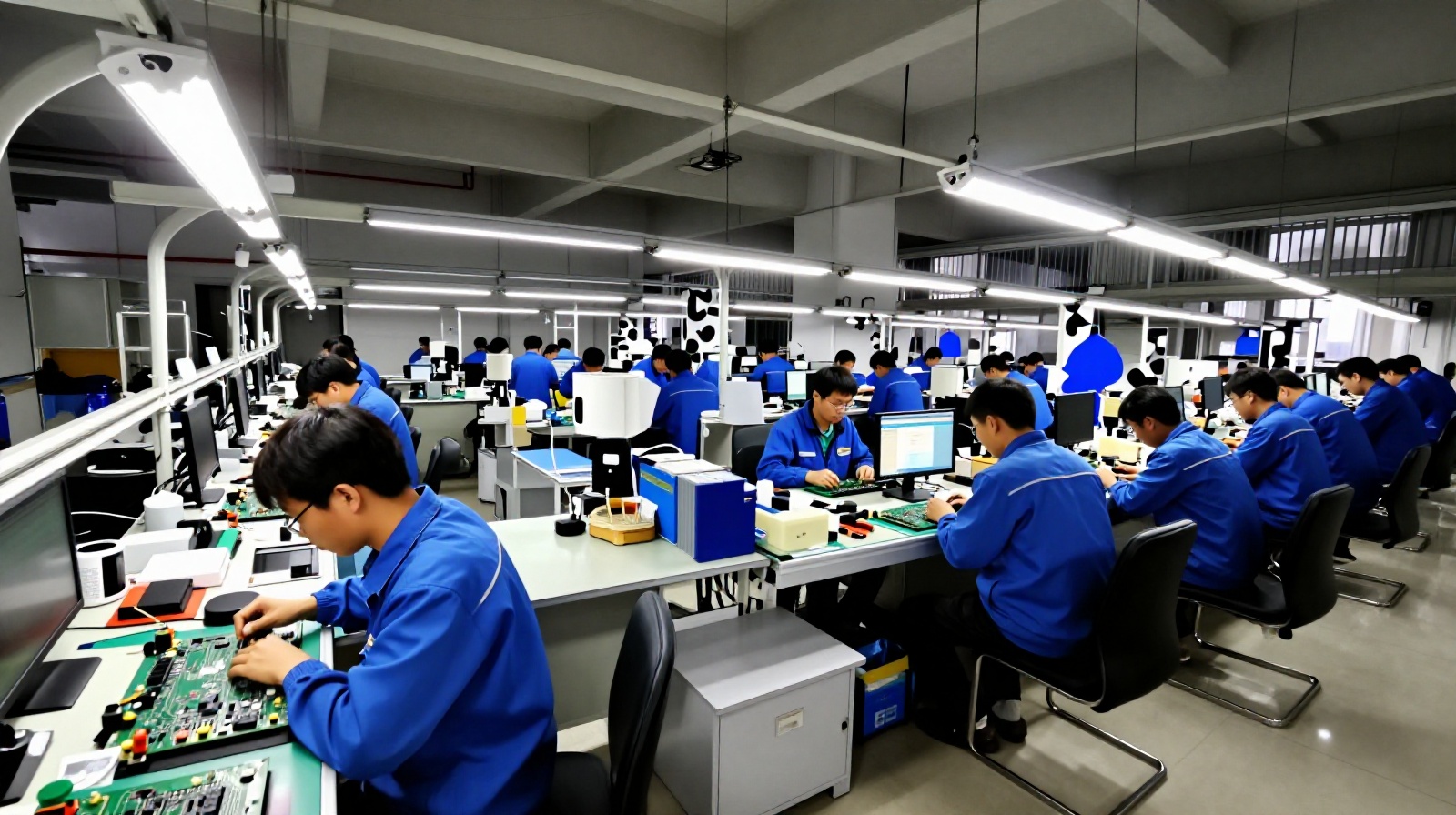 Assembly line workers on an electronics production floor in Shenzhen, China