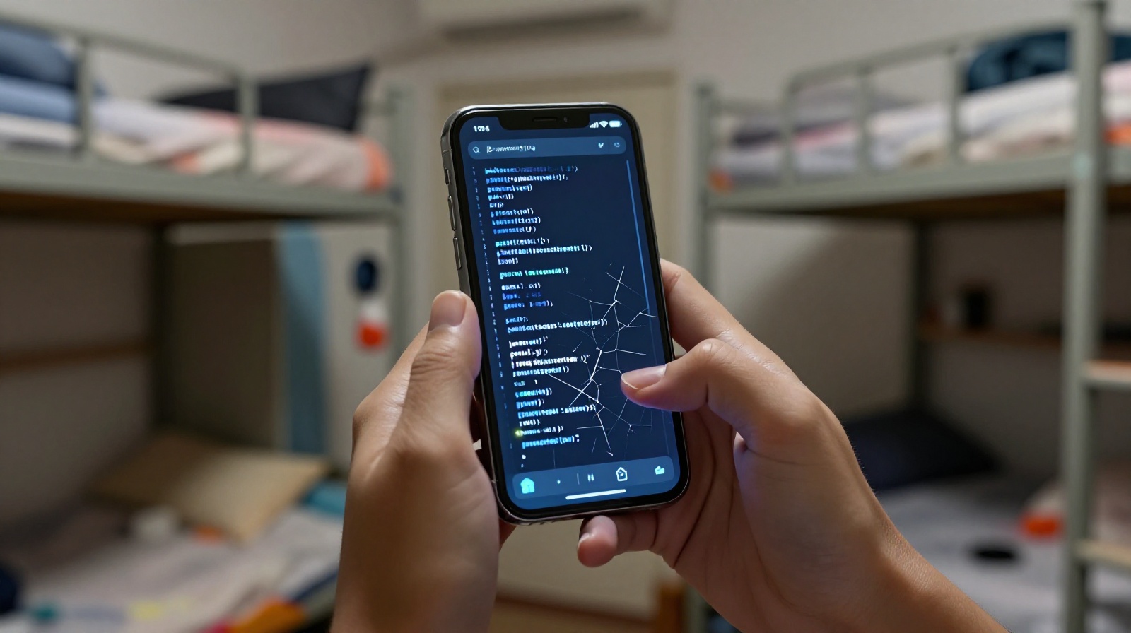 A person learning programming on a smartphone in a crowded dormitory