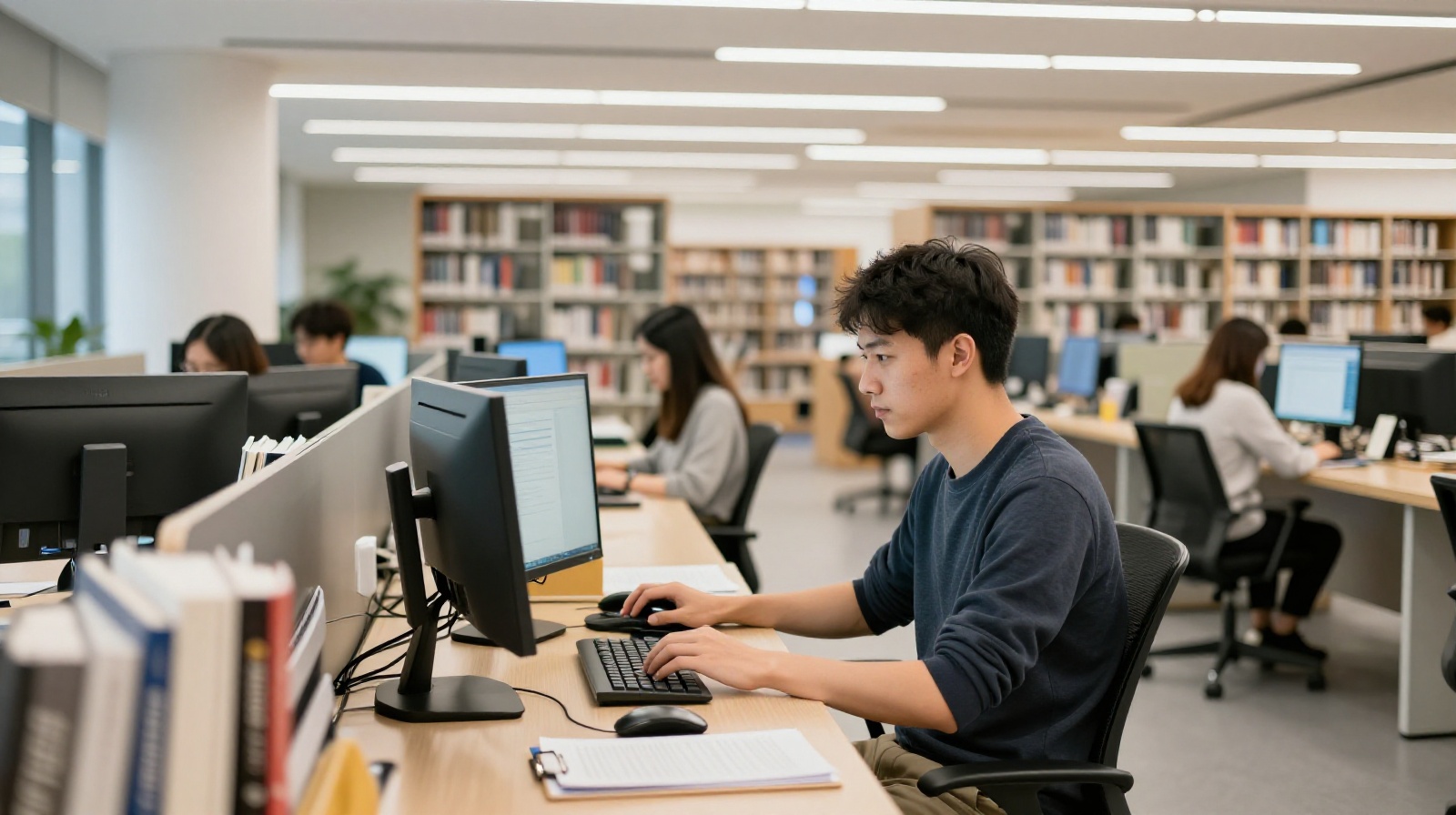 A self-taught developer studying code on a computer in a Shenzhen public library