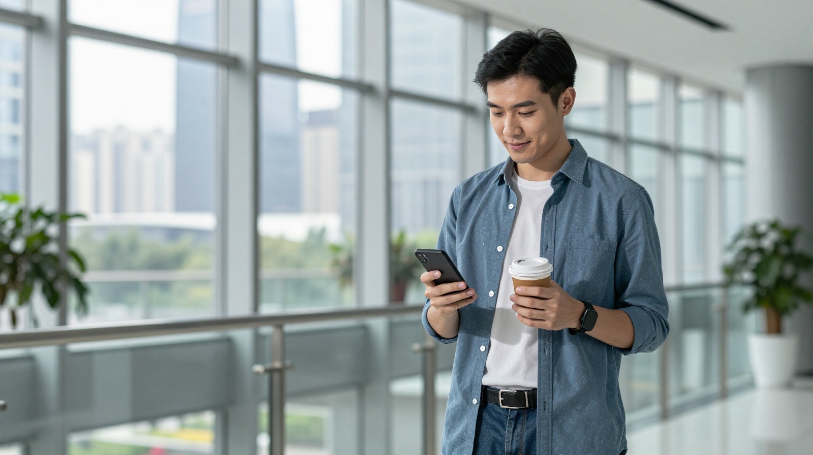 A new software developer celebrating his first job offer in a Shenzhen office building