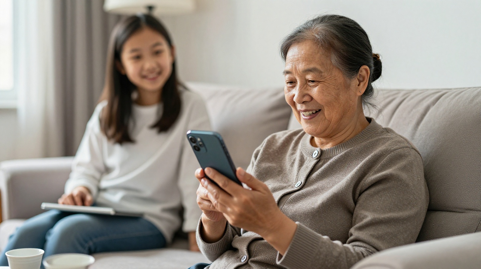 Li Hua laughing while reviewing her Douyin videos on her phone with her granddaughter nearby