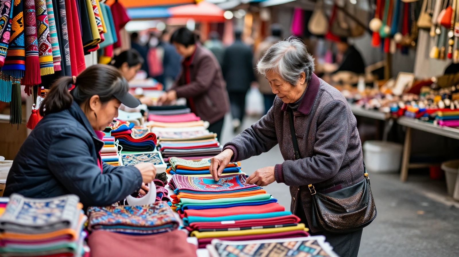 Li Hua shopping for clothes at a lively outdoor market in Chengdu