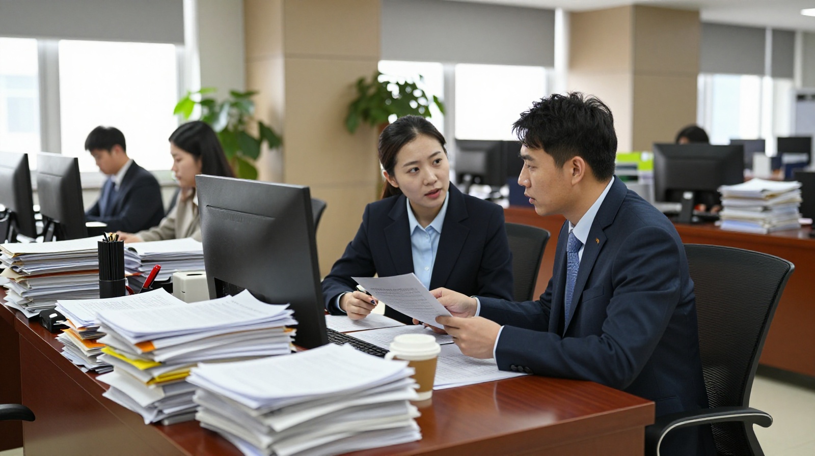 Busy divorce lawyer office interior in modern China showing stacks of legal documents and professionals discussing cases during the day