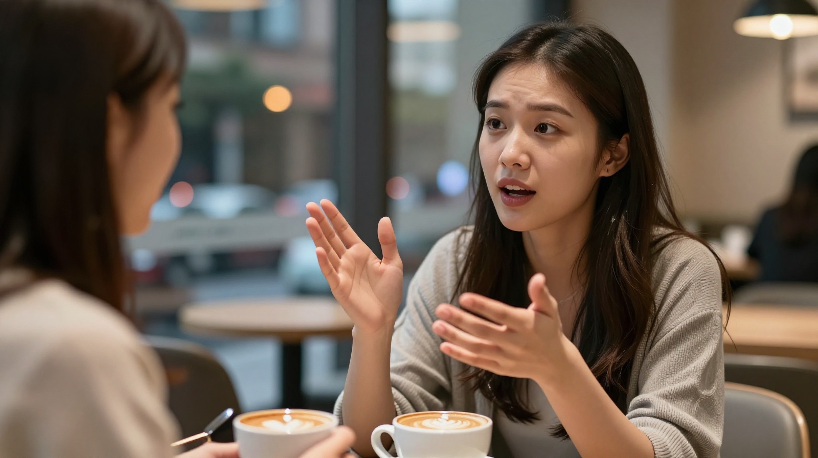 Two young professional Chinese women discussing career and life balance over coffee in a Shanghai cafe