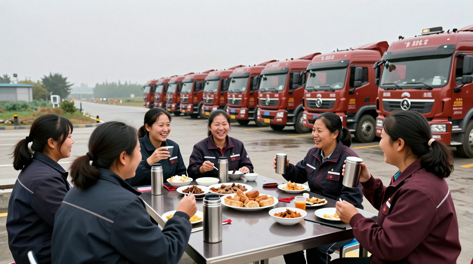 Female Chinese truck drivers enjoying a communal breakfast at a highway rest station, illustrating community among 'Road Queens'