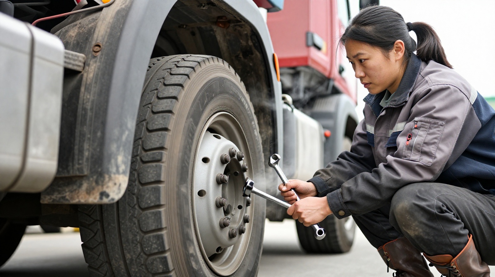 Chinese female truck driver performing maintenance on her vehicle, demonstrating technical skill and independence