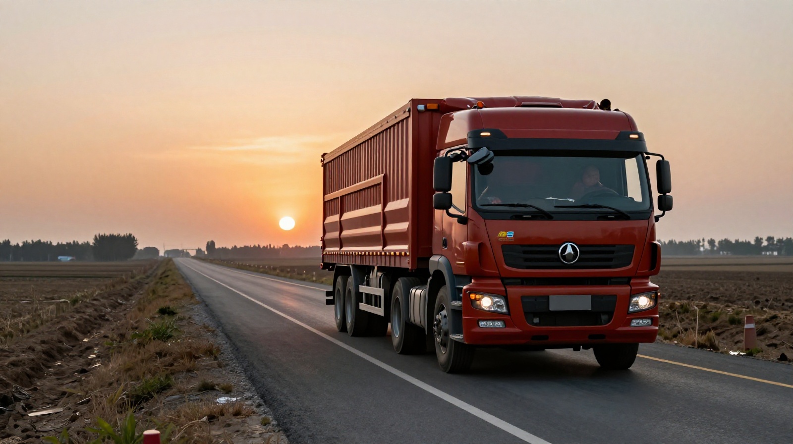 A Chinese heavy truck driving towards the sunrise on a rural highway, representing the path of 'Road Queens'
