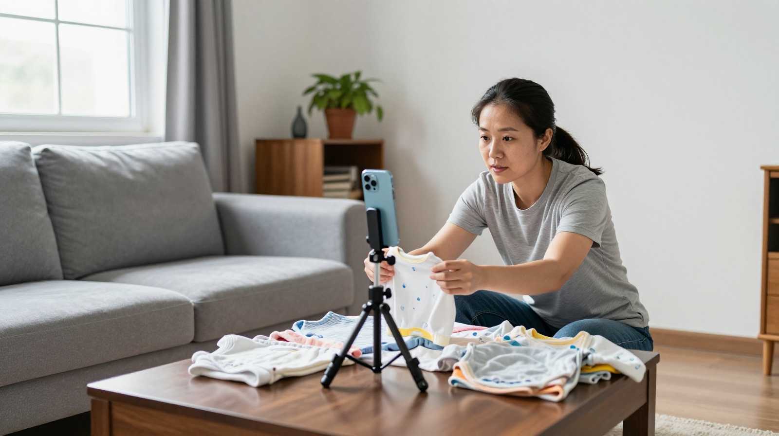 A Chinese mother setting up her smartphone livestream station in her living room surrounded by baby products