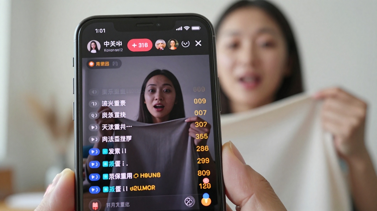 Close-up view of a smartphone screen displaying live e-commerce sales data while a mother talks in the background