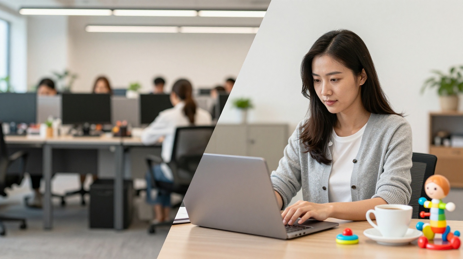 Conceptual comparison of traditional office work versus flexible remote e-commerce work for Chinese mothers