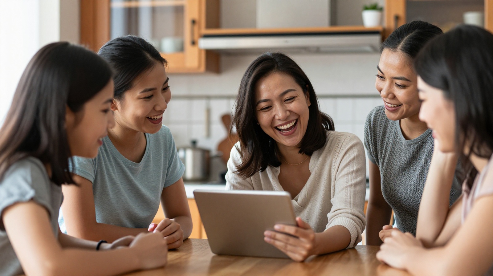 A Chinese mother teaching other women about e-commerce strategies in a home kitchen