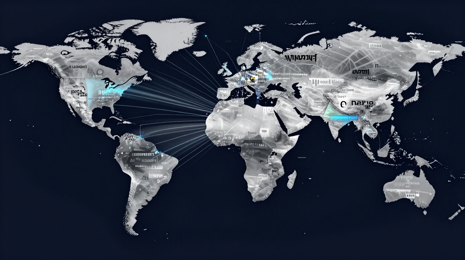 Global data network visualization showing international connectivity and multi-language broadcasting
