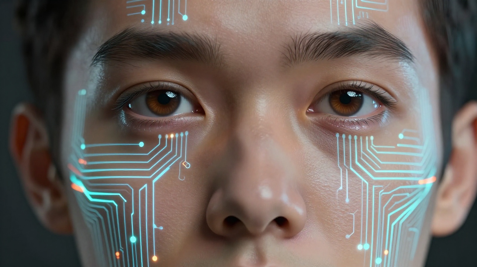 Close-up detail showing the integration of artificial intelligence and human-like facial features