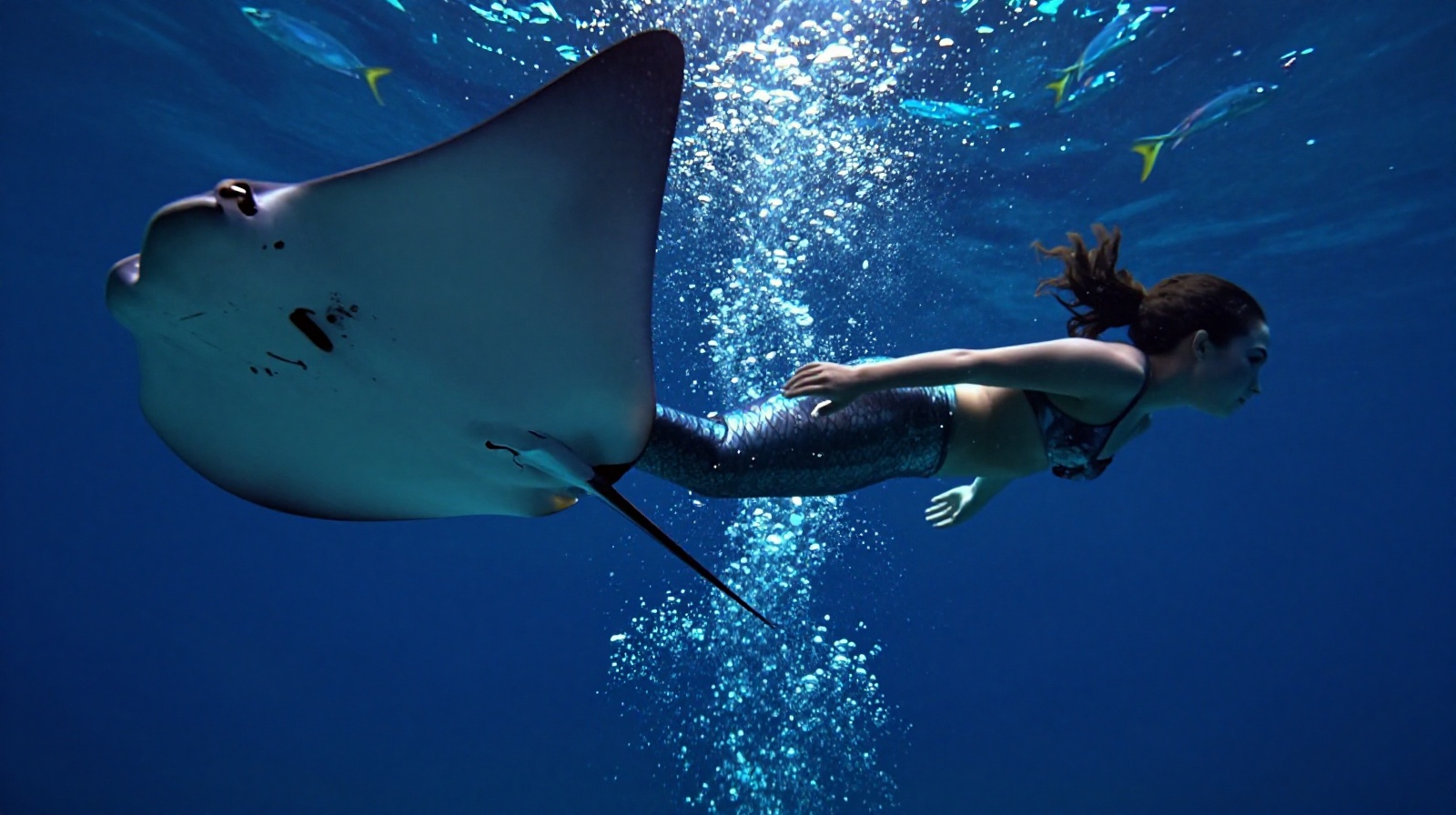 Mermaid underwater performance interacting with a stingray and fish in an aquarium tank