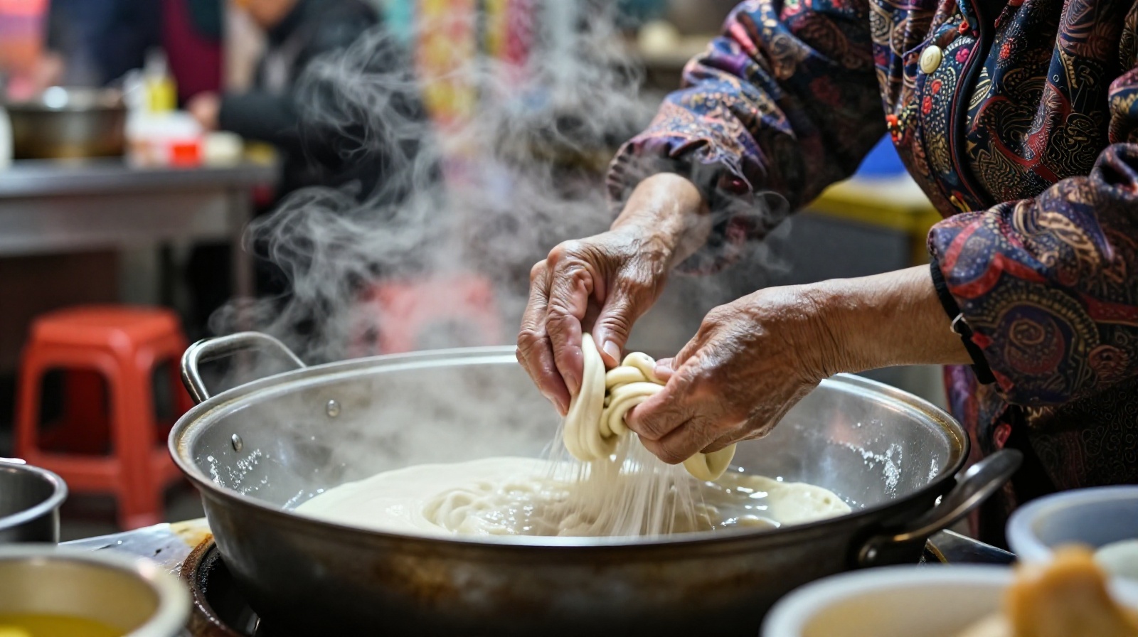 Close-up of an elderly woman cooking noodles at a busy Chengdu street food stall at night with steam rising from the pot