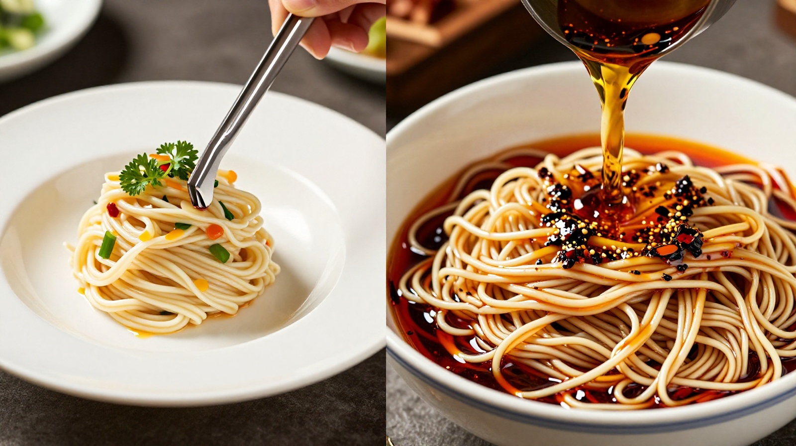 Comparison between fine dining presentation and authentic Chinese street food noodles with chili oil