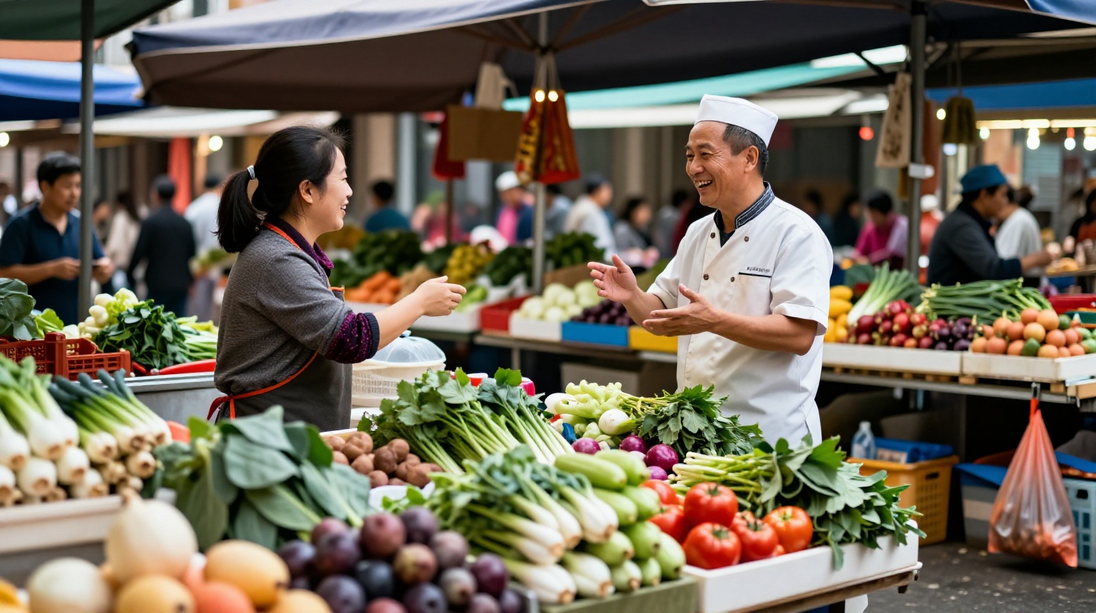 Michelin star chef chatting with a local market vendor among fresh vegetables in China