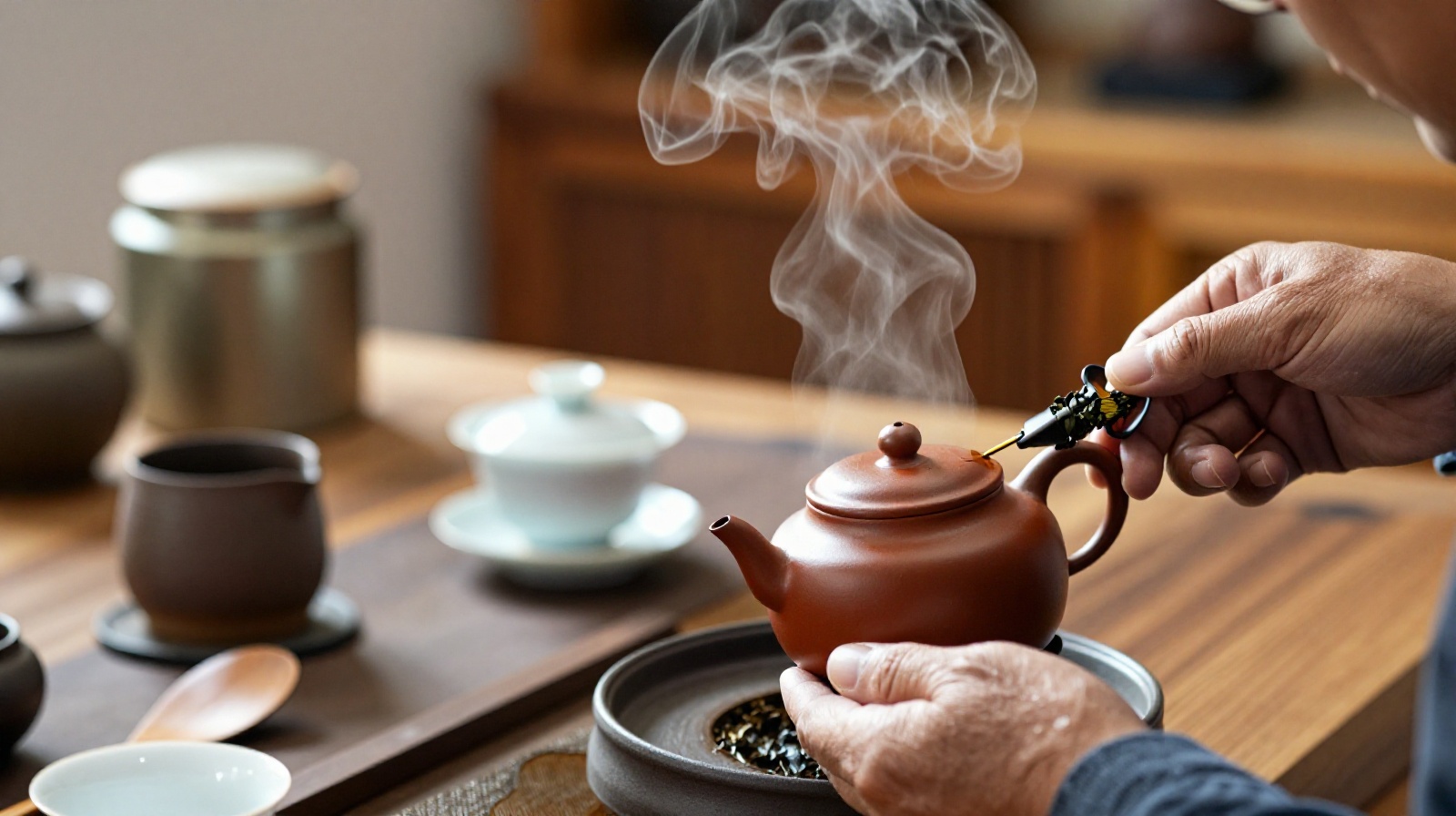 A close-up view of a Chinese tea master's hands pouring hot water into a traditional clay teapot during a ritual in a Shanghai tea house.