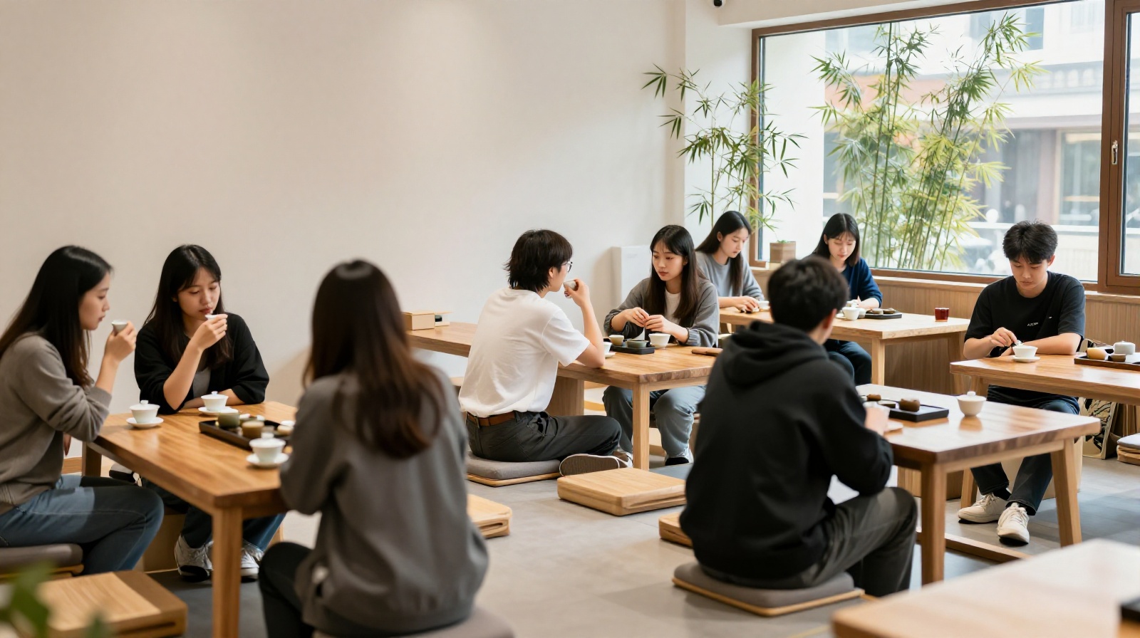 Young professionals relaxing in a quiet tea house in Shanghai, enjoying traditional tea after work.