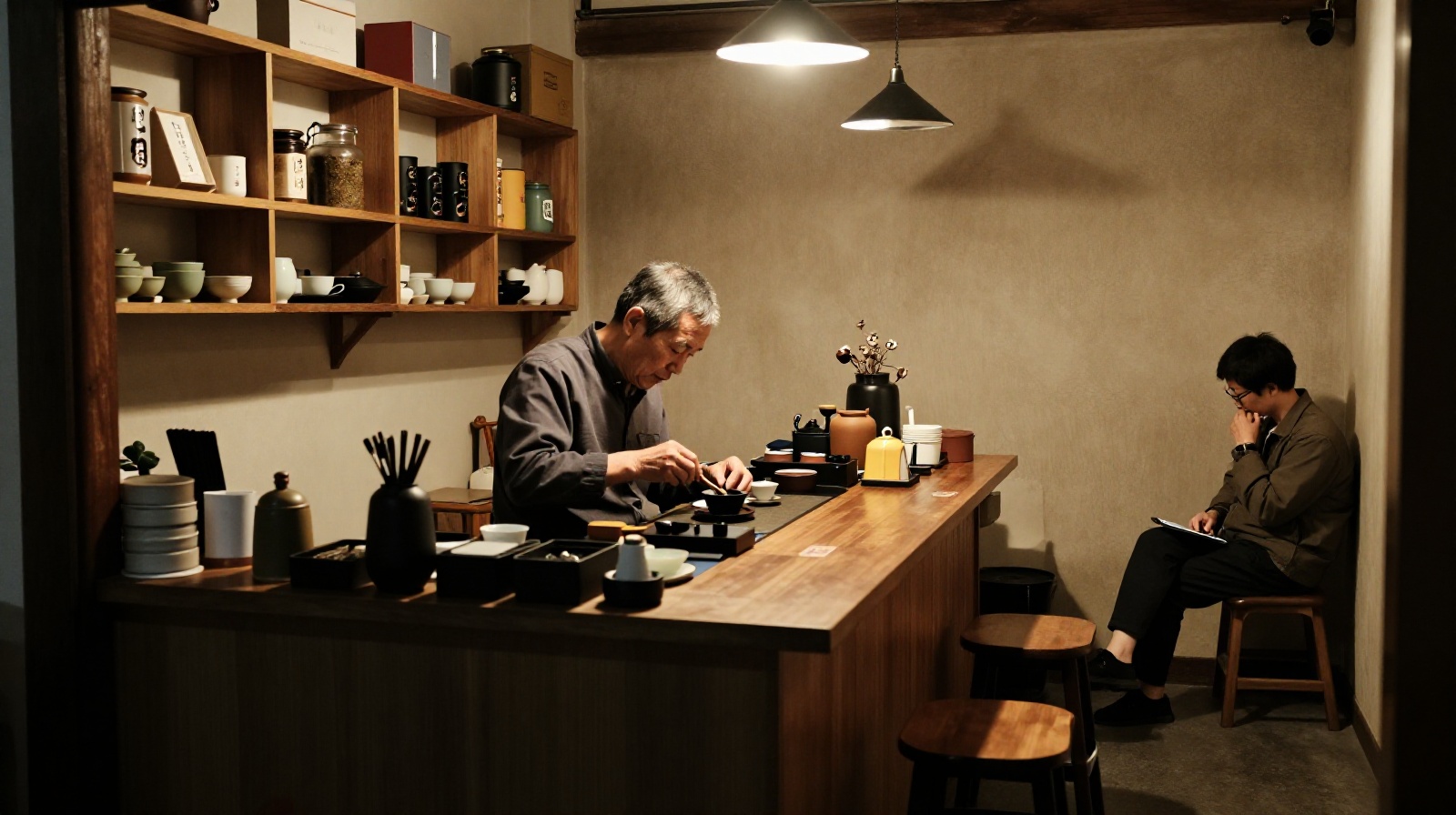 An emotional moment in a tea house where a customer finds solace while being served by a traditional tea master.