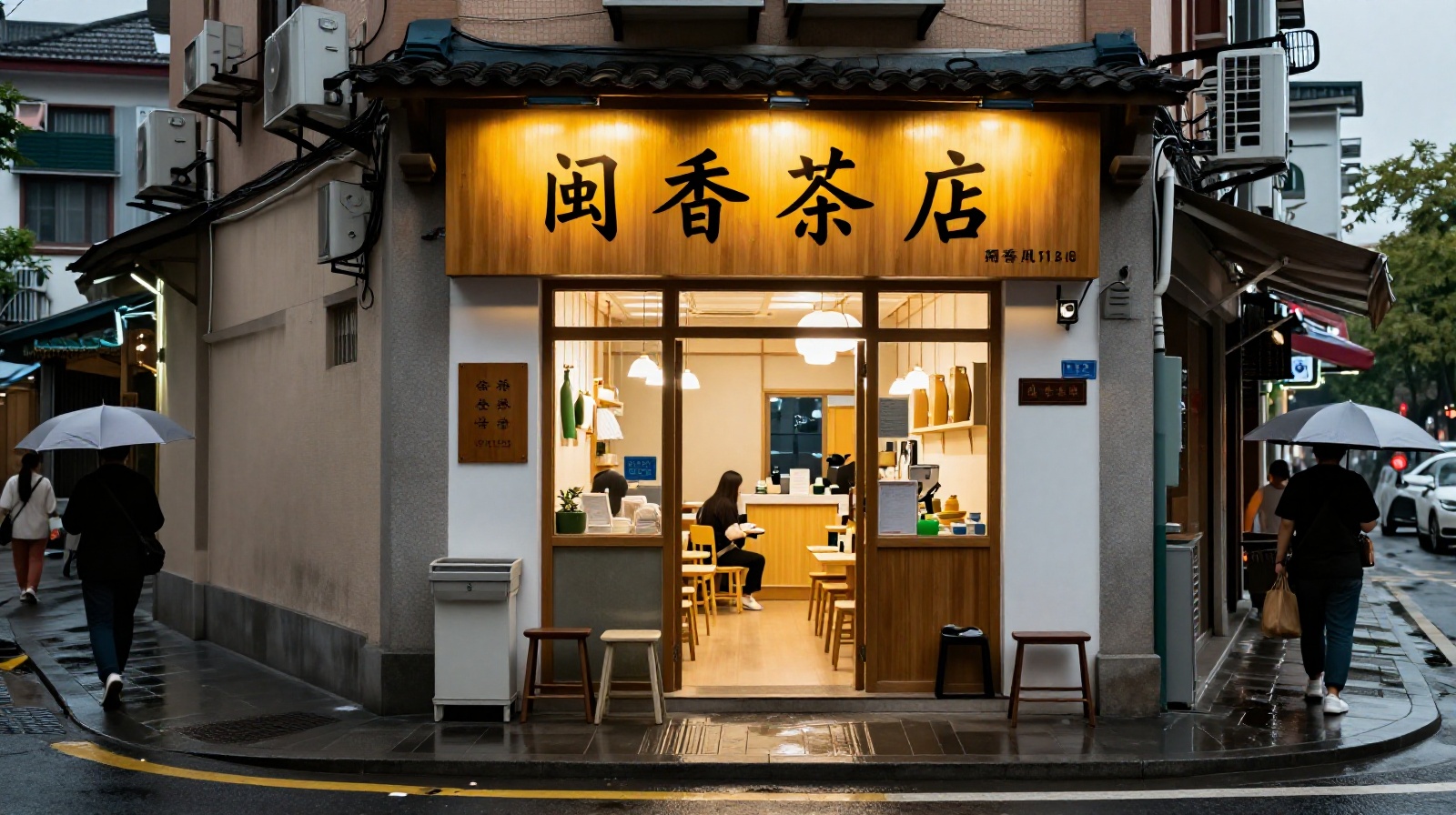 The quiet entrance of a traditional tea house on a rainy evening in a modern Chinese city.