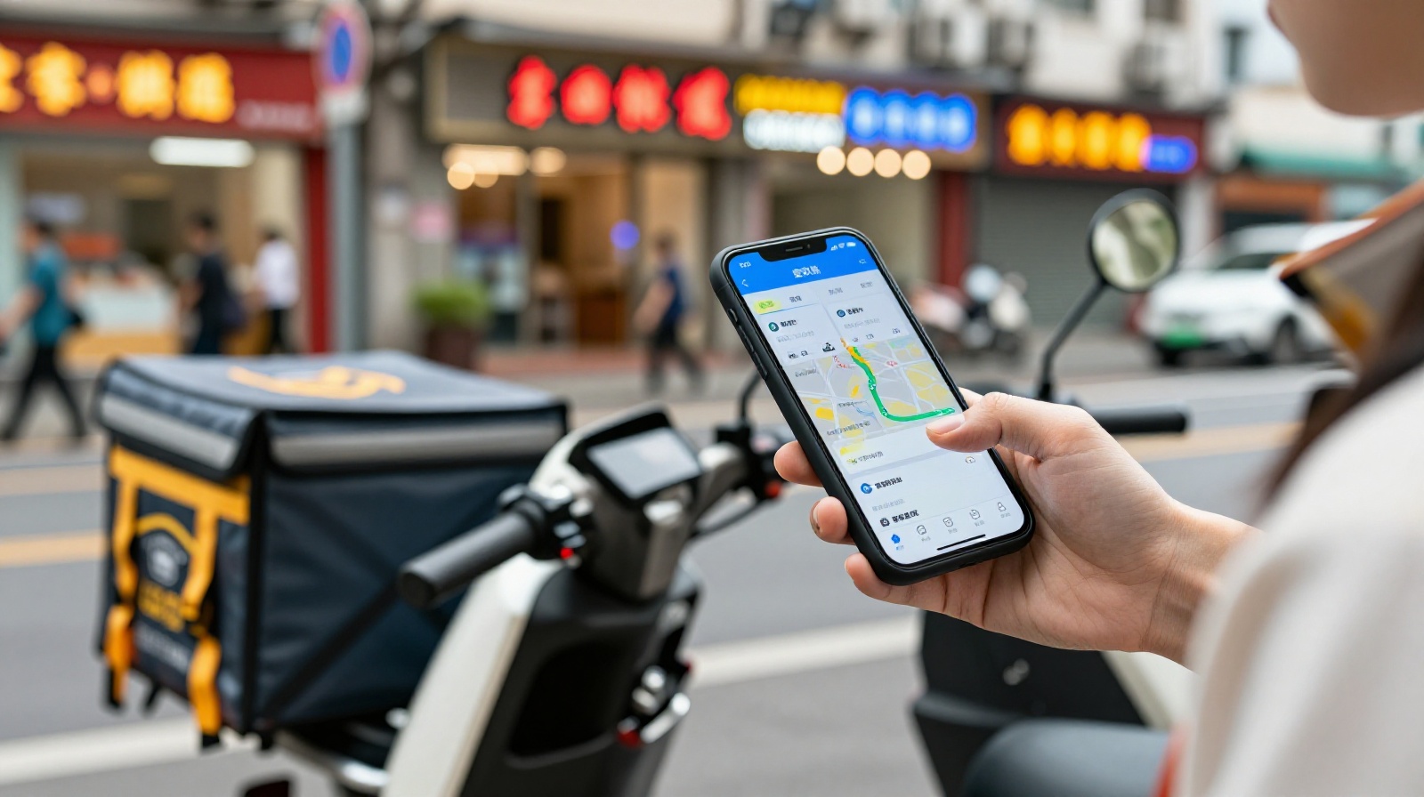Chinese food delivery rider checking smartphone navigation app on a busy city street