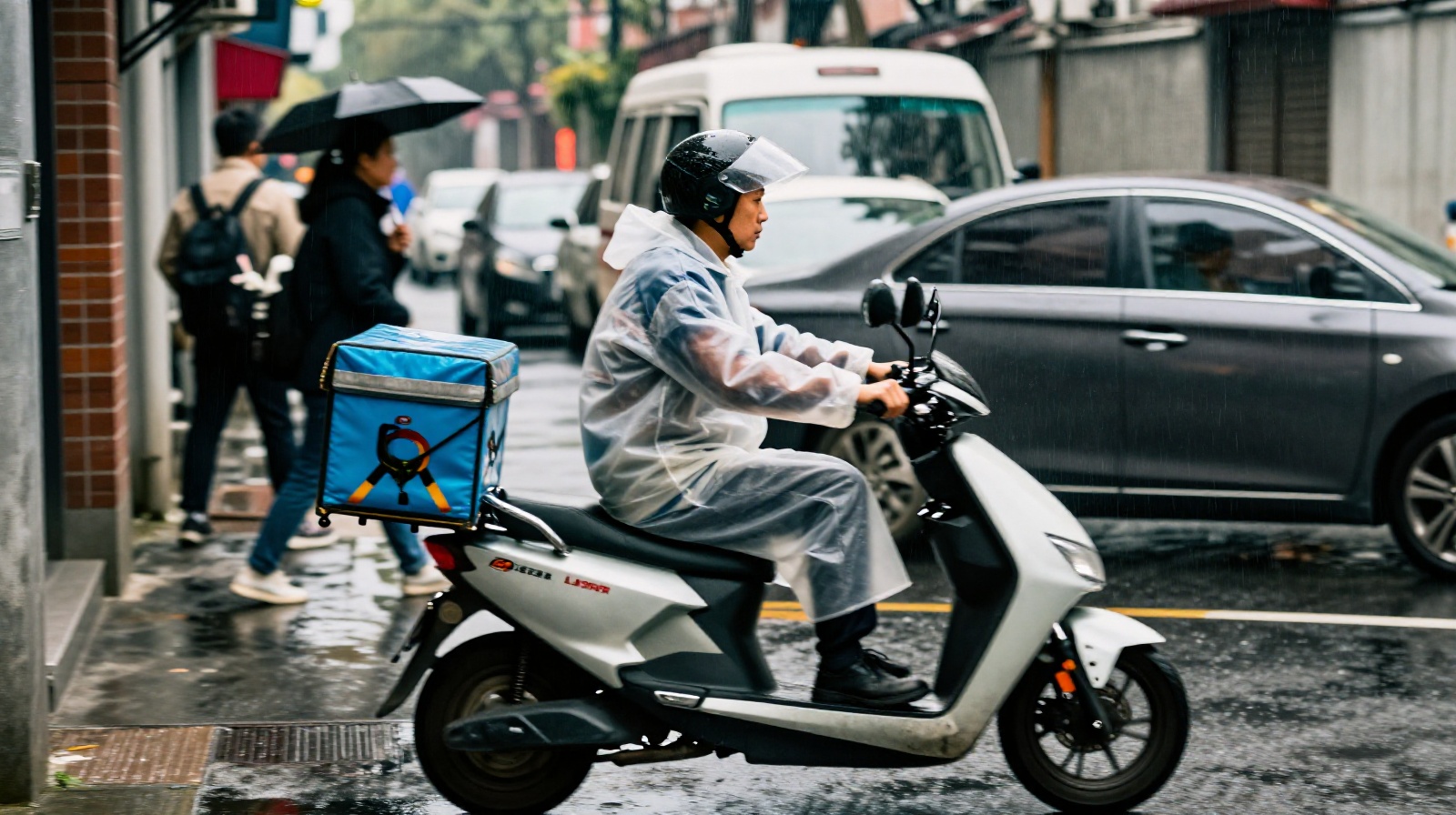Food delivery rider navigating narrow alleyways in rainy Shanghai weather