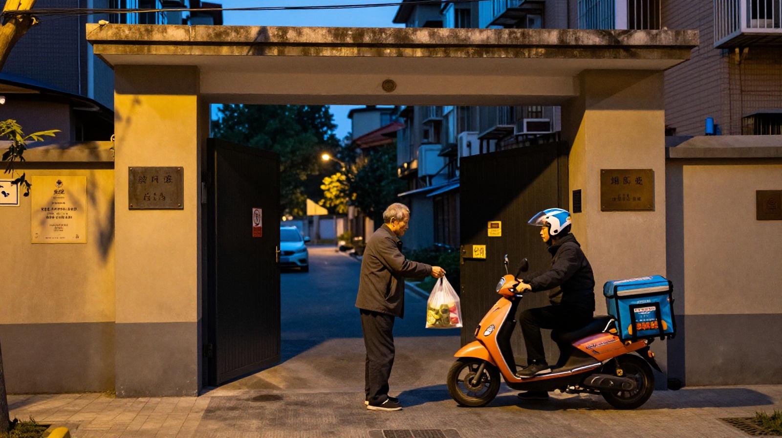 Delivery rider handing food package to a resident at night in a Chinese neighborhood