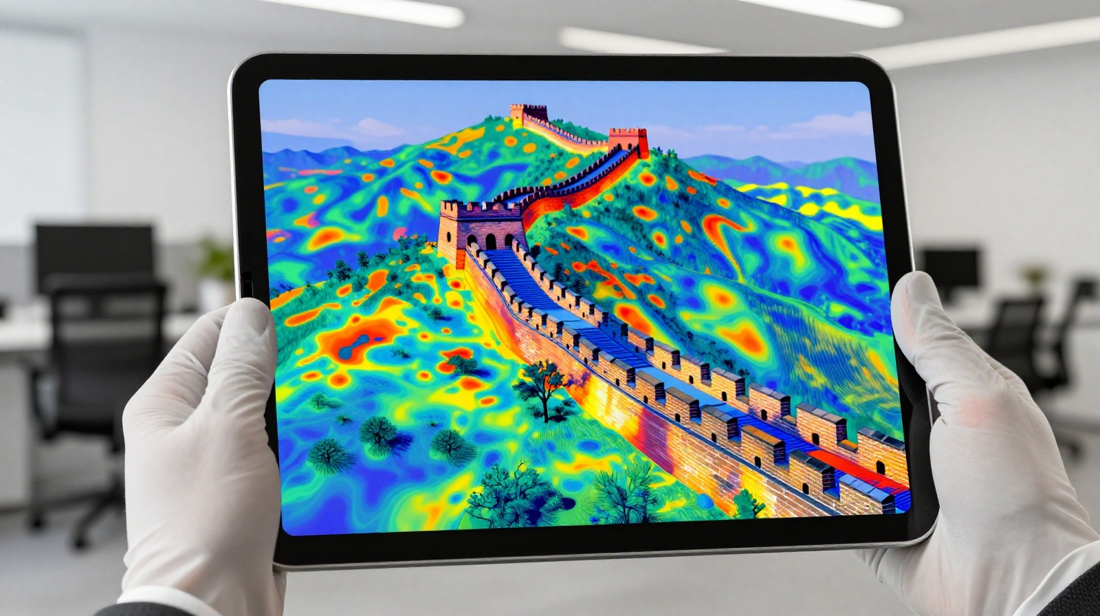 Digital twin model of the Great Wall on a tablet