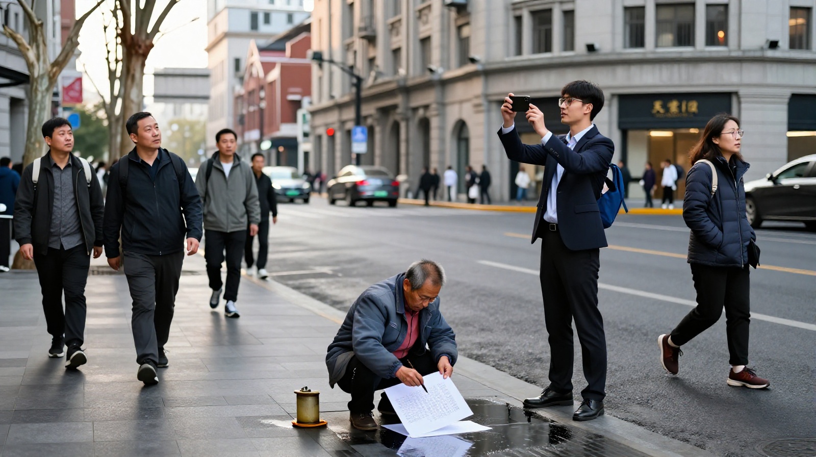 Young commuter taking a photo of a street cleaner writing poems on the sidewalk